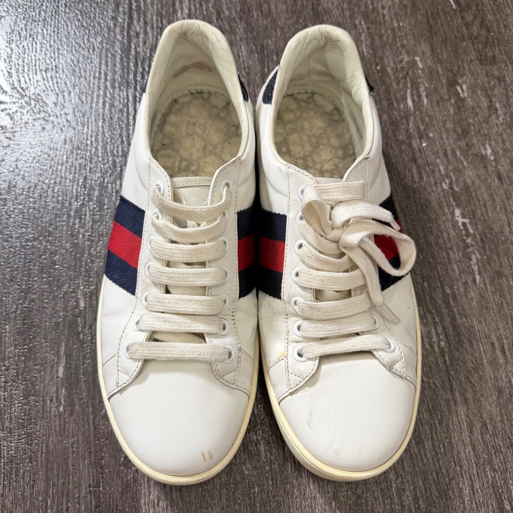 Gucci Ace Sneakers Mens White Navy Red Web Stripe 8 Leather Low Top Trainers - Picture 2 of 10